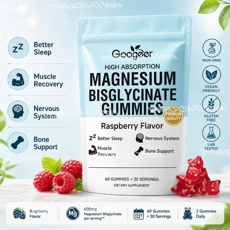 Magnesium Bisglycinate Gummies with Vitamin D3 and Zinc Raspberry Flavor Daily Nutritional Support for Adults 60 Count