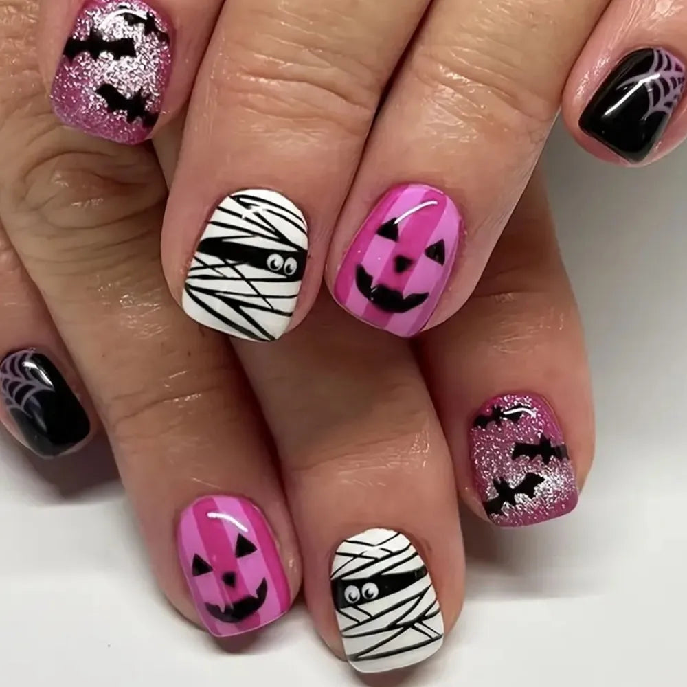 24PCS Halloween Press On Nails Red French Tip Black Spider Web Pattern Holiday Party Cosplay Style Short Square False Nails