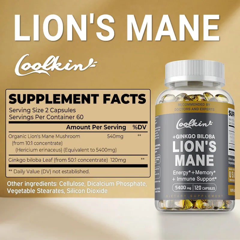 Lion's Mane Mushroom Capsules - Supports Brain Health, Improves Mental Clarity, and Enhances Memory and Concentration