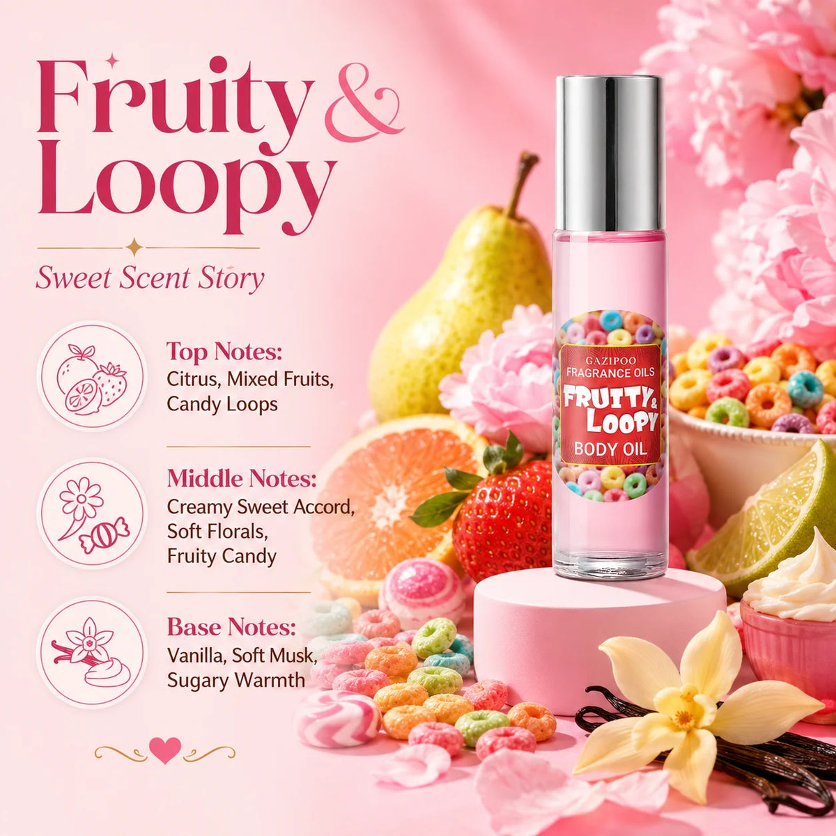 10ml Sweet Fruity Loopy Women Body Perfume Oil，Portable Fragrance Oil，Peach Citrus Orange Caramel Honey Peony Musk Vanilla