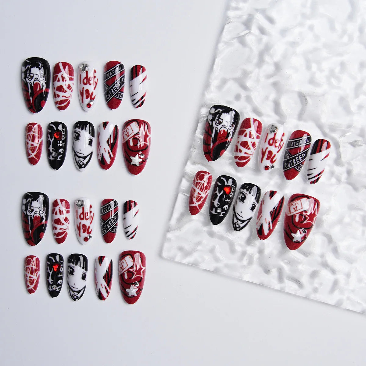 30pcs Y2k Cool Press on Nails Black Red Color Japanese Comic Style Fake Nails for Girl Women Halloeen Wearable False Nails