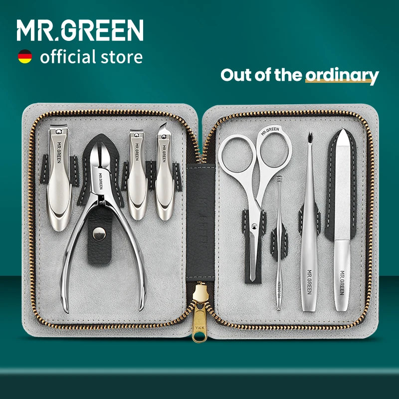 MR.GREEN Manicure Set With Morandi Grey Top-Grade Full Grain Cow Leather Packaging Nail Clipper Kits Perfect Gift Friends Family