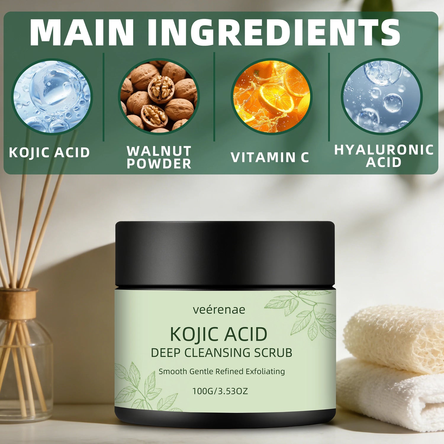 Veerenae KOJIC ACID DEEP CLEANSING SCRUB – Gentle Face & Body Exfoliator for Women & Men | Daily Use for Smooth, Radiant Skin