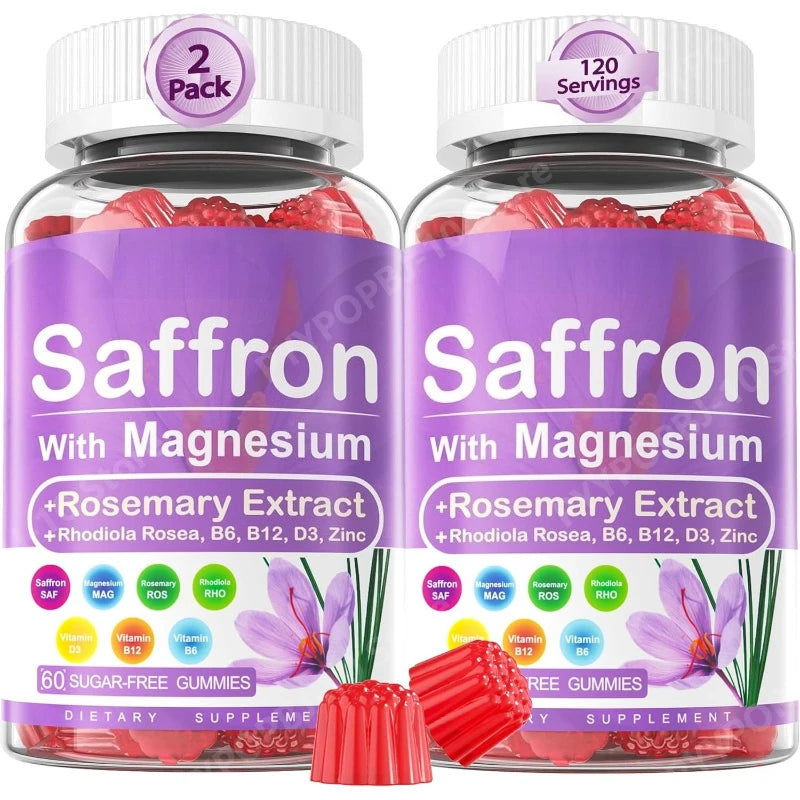 Saffron Gummies 4 Months Supply Extract 177mg Magnesium Glycinate B6 B12 D3 for Calm Rest Focus Sugar Free