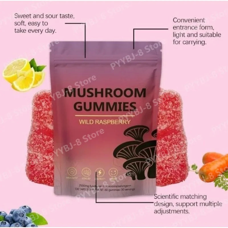 Mushroom Extract Gummies 60 Count Wild Raspberry Flavor with Citric Acid Carrot Blueberry Extract Daily Wellness Support