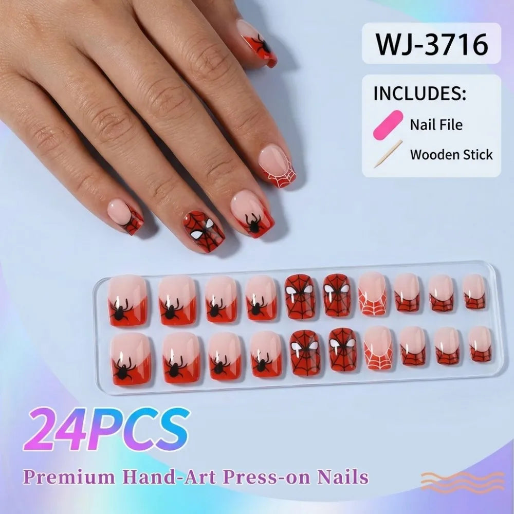 24PCS Halloween Press On Nails Red French Tip Black Spider Web Pattern Holiday Party Cosplay Style Short Square False Nails