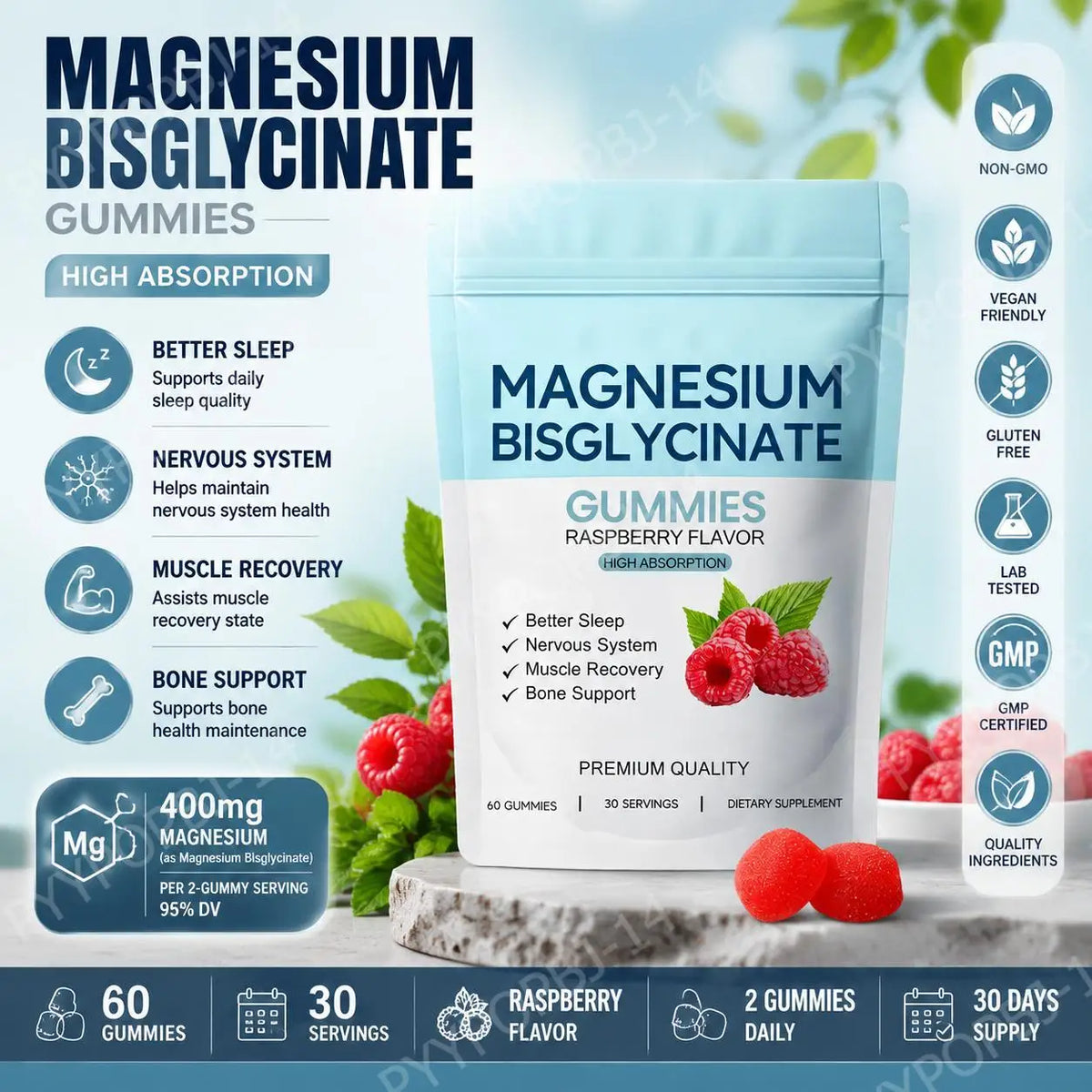 Magnesium Bisglycinate Gummies for Daily Sleep Support and Nervous System Health, Muscle Recovery and Bone Support, 60 Gummies