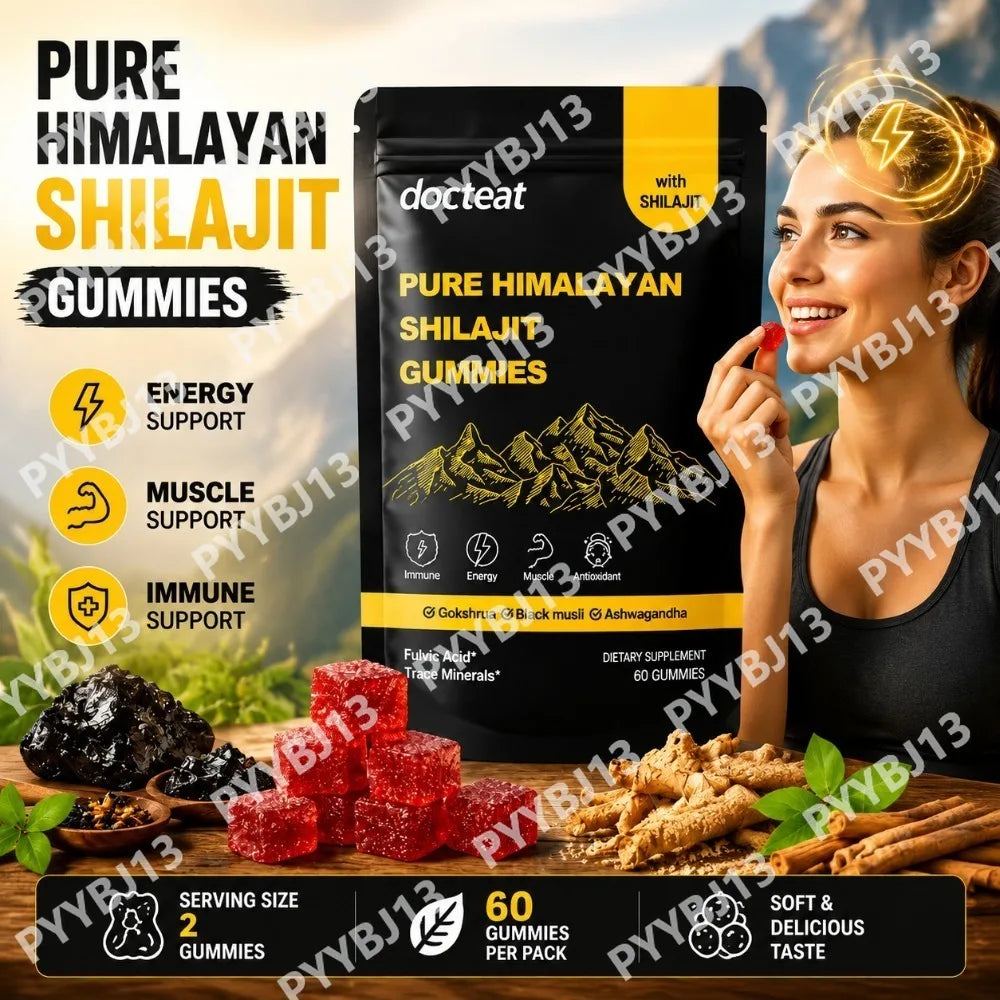 Docteat Pure Himalayan Shilajit Gummies with Ashwagandha Ginger Herbal Extract Blend Energy Support Daily Nutrition Wellness