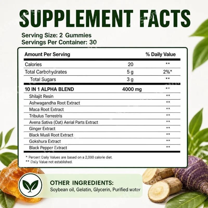 Docteat Multi-Herb Shilajit Gummies with Ashwagandha, Maca, Avena Sativa and Ginger,Daily Energy and Wellness Support 60 Count