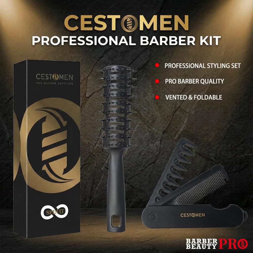 2Pcs Professional Barber Hair Styling Set, Vented Brush & Foldable Dual Comb for Men, Salon/Home Use, Portable Hair Brush Comb