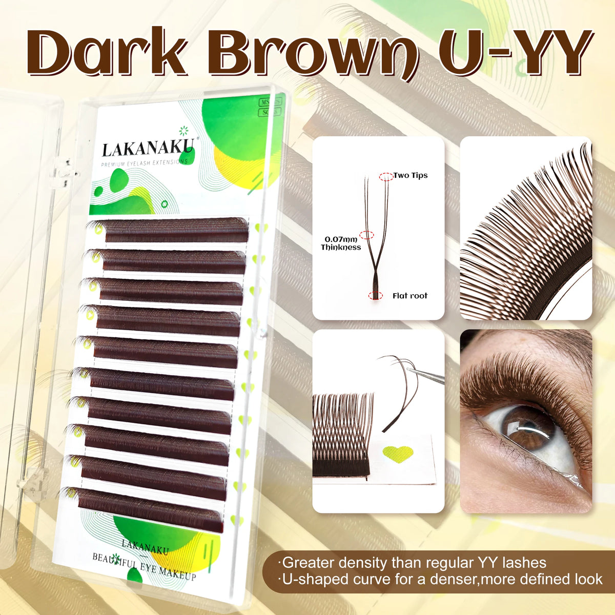 LAKANAKU Dark Brown U Shape YY Lashes Brown Premade Eye Lashes Extensions Fio U 2D Clover Cilios