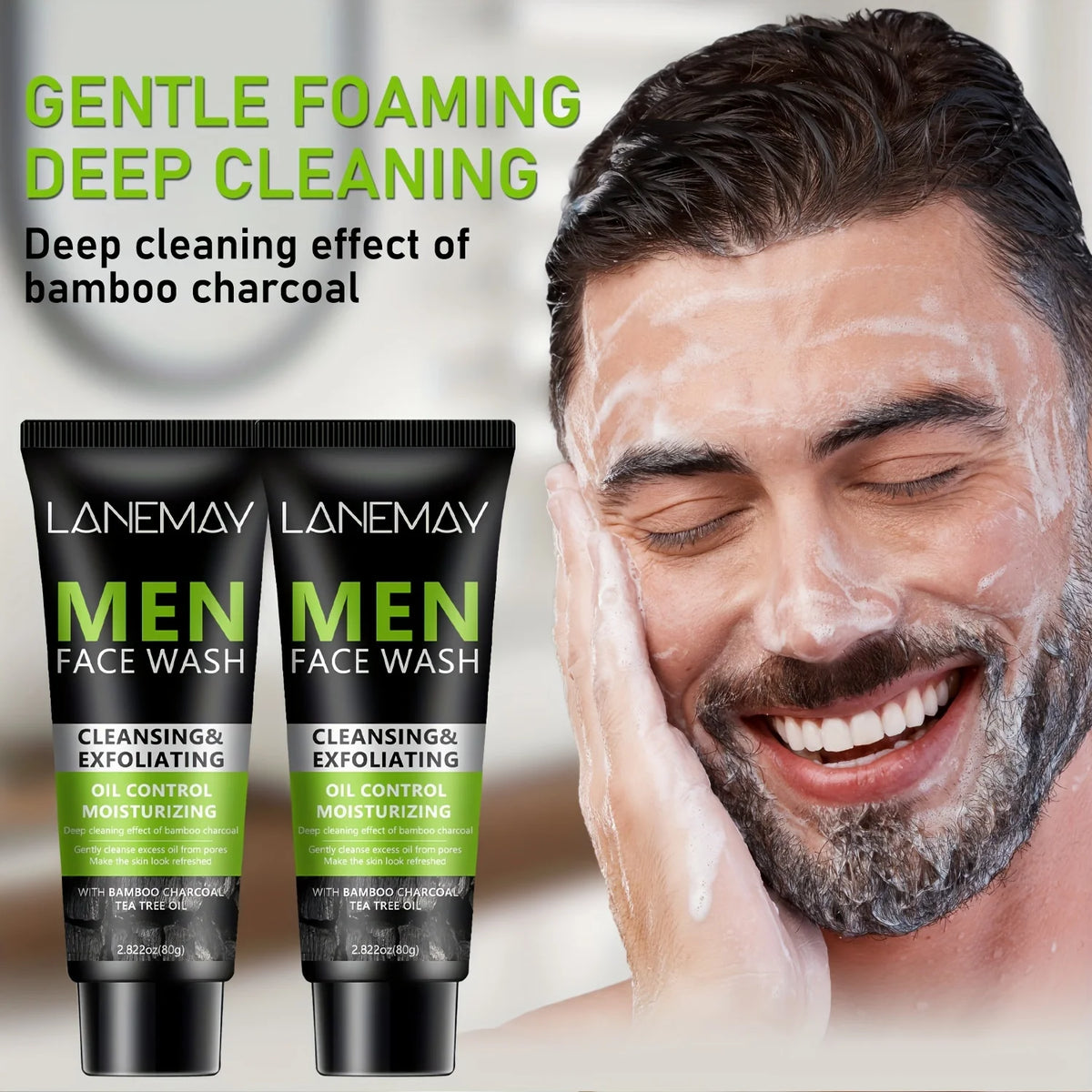 Men Face Wash with Volcanic Mud - Deeply Cleanse Oil from Pores, Control Oil and Exfoliate, Refreshing Face, Moisturize the Face