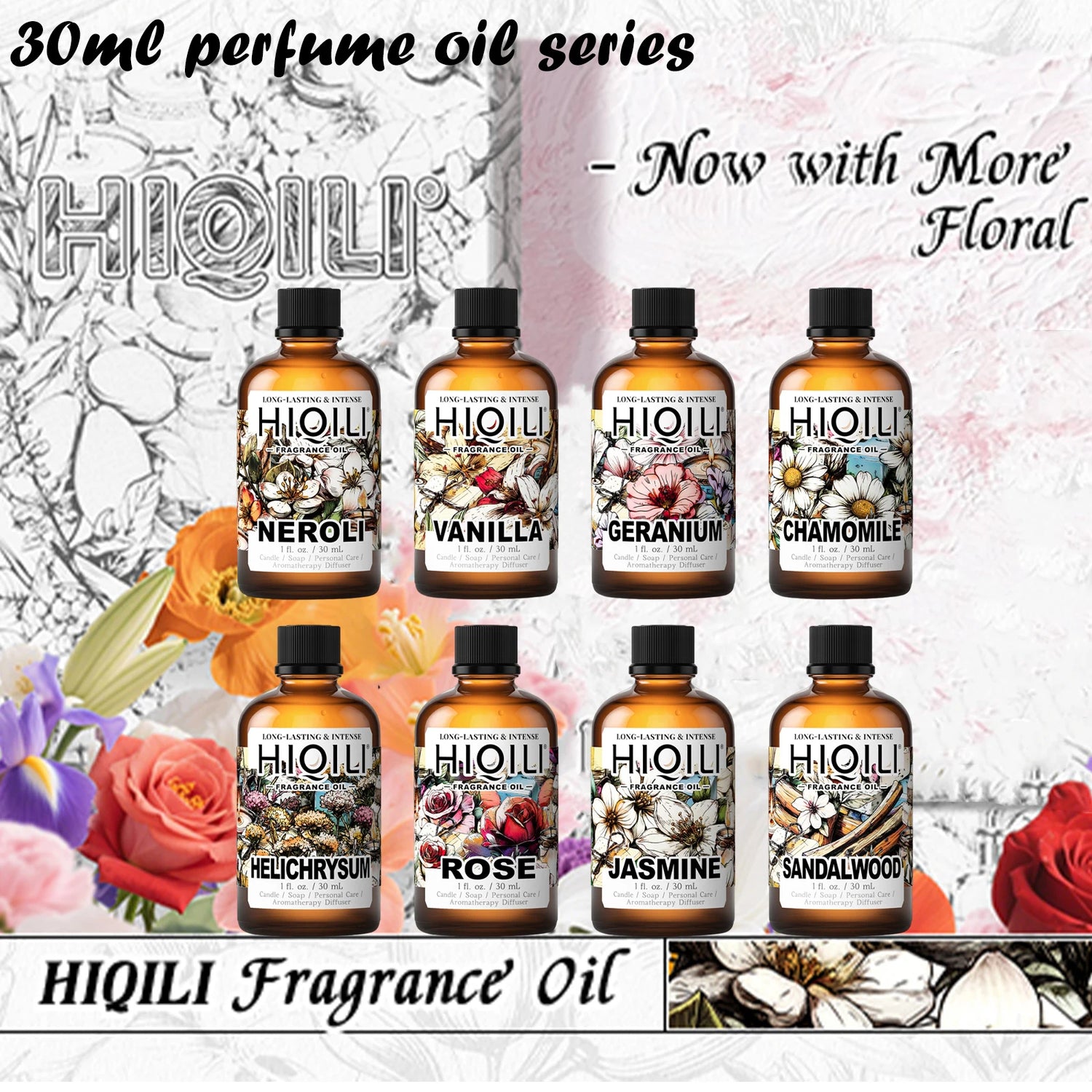 HIQILI New 30ml Perfume Oil Series, Vanilla/Lavender/Rose/Sandalwood 100% Natural Extract Perfume Oil, For Home Use, Humidifier