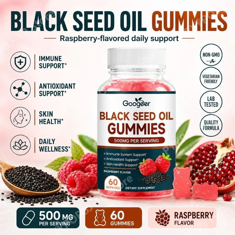 Googeer Black Seed Oil Gummies with Zinc Antioxidant Support Raspberry Flavored Daily Wellness 60 Gummies