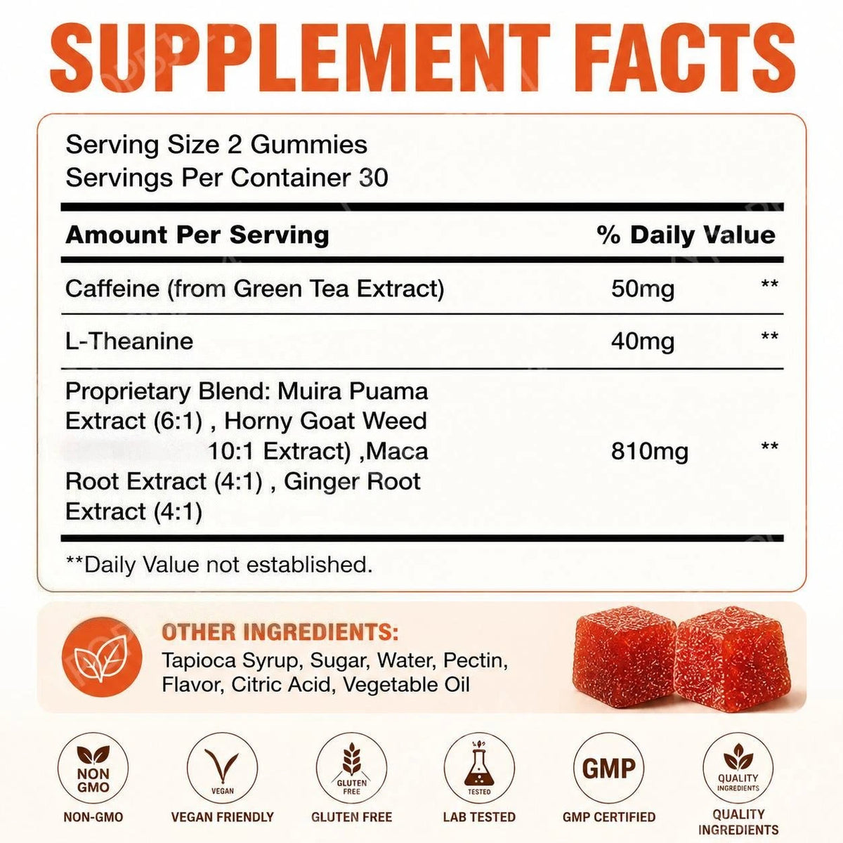 Docteat Spicy Cubes Gummies with Caffeine and L-Theanine for Natural Energy & Alertness Support, Calmness, Relaxation 60 Gummies