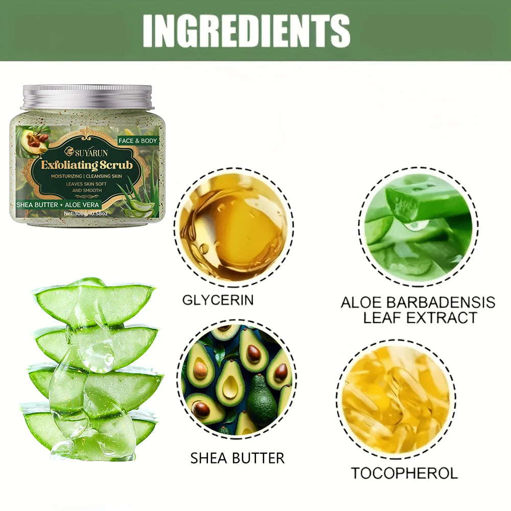SUYARUN Shea Butter & Aloe Vera Exfoliating Scrub - Natural Face & Body Scrub, Gentle Exfoliator for Sensitive Skin.