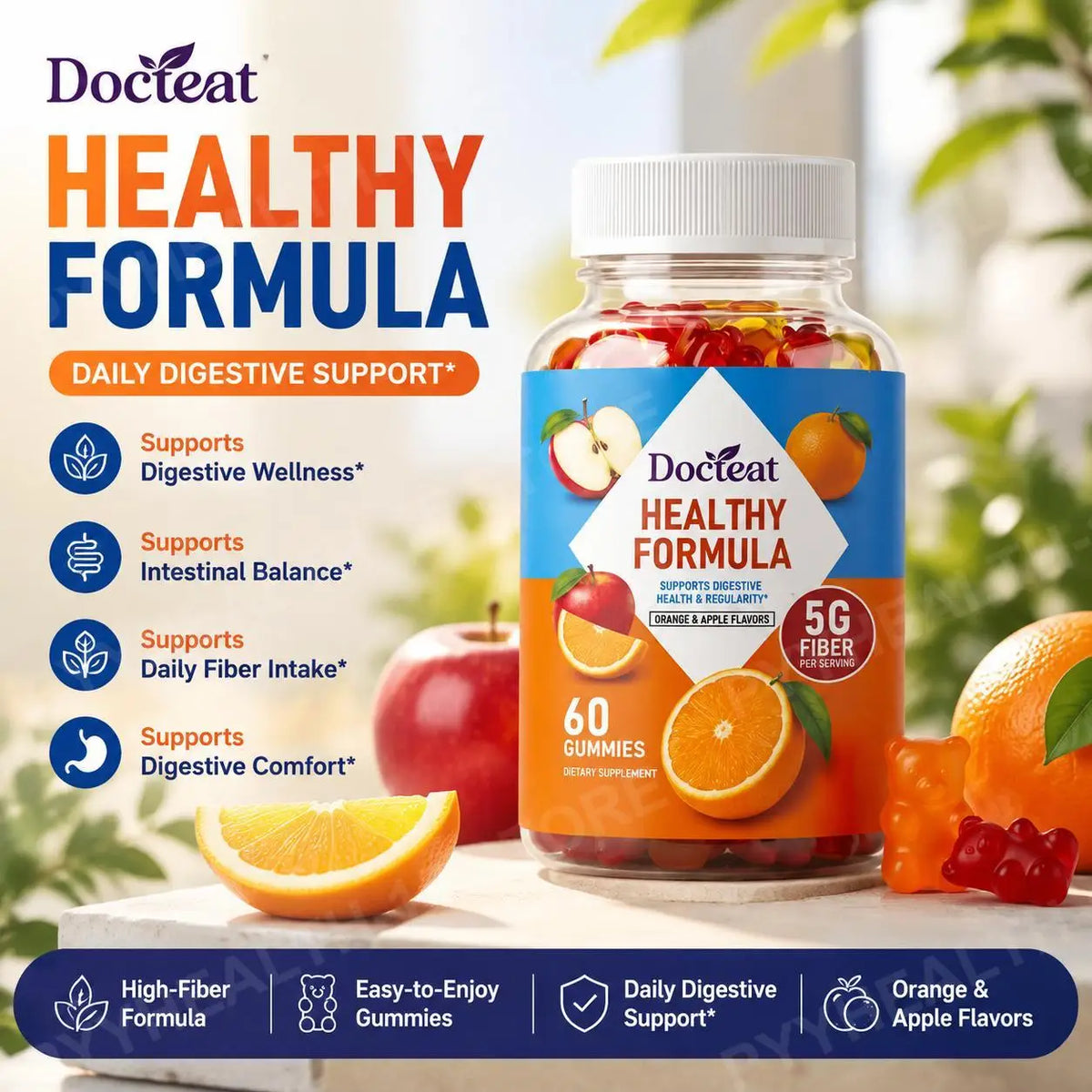 Docteat Dietary Fiber Gummies with 5g Fiber Per Serving, Vitamin C and Zinc, Intestinal Balance, Orange & Apple, 60 Gummies
