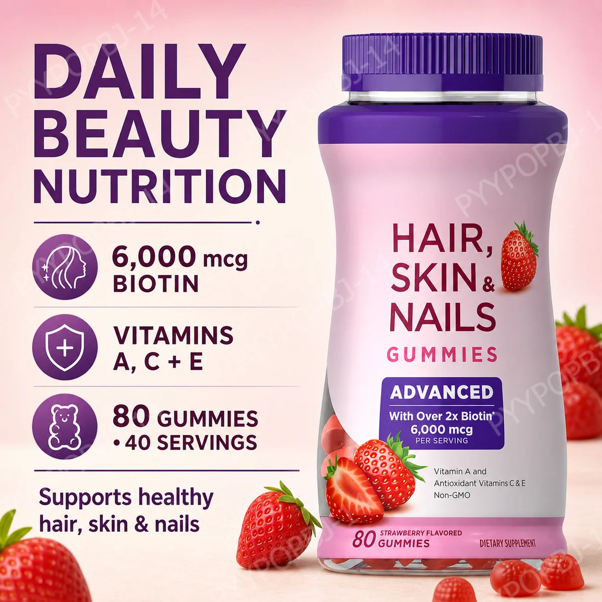 Hair Skin Nails Gummies with Biotin 6000 mcg, Vitamins A C & E, Strawberry Flavor, 80 Gummies, Daily Beauty Support for Adults