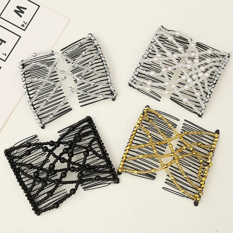 Beaded Elastic Hair Comb Magic Styling Bun Maker Double Slide Pearl Hair Pins No Damage Fashion Hair Clips for Girls Thick Hair