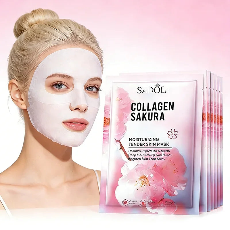 Sadoer Sakura Face Mask Facial Skincare Moisturizing Brightening Hydrating Firming Collagen Facial Masks Face Sheet Mask