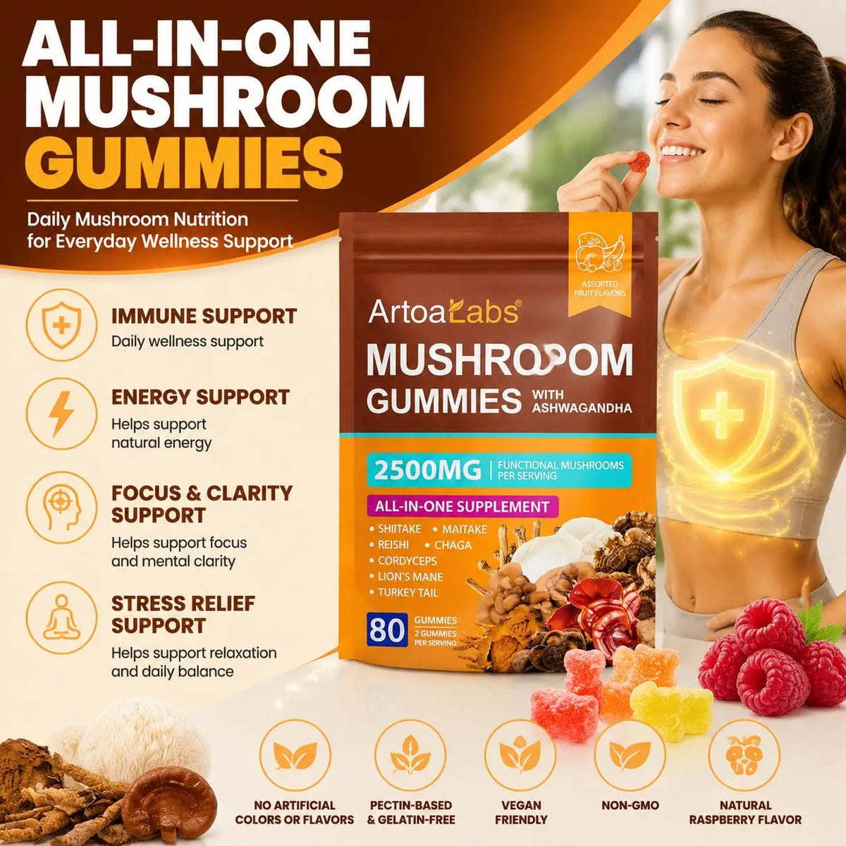 ArtoaLabs Mushroom Gummies with Ashwagandha Functional Mushroom Blend for Immune Support, Focus & Energy Daily 80 Gummies