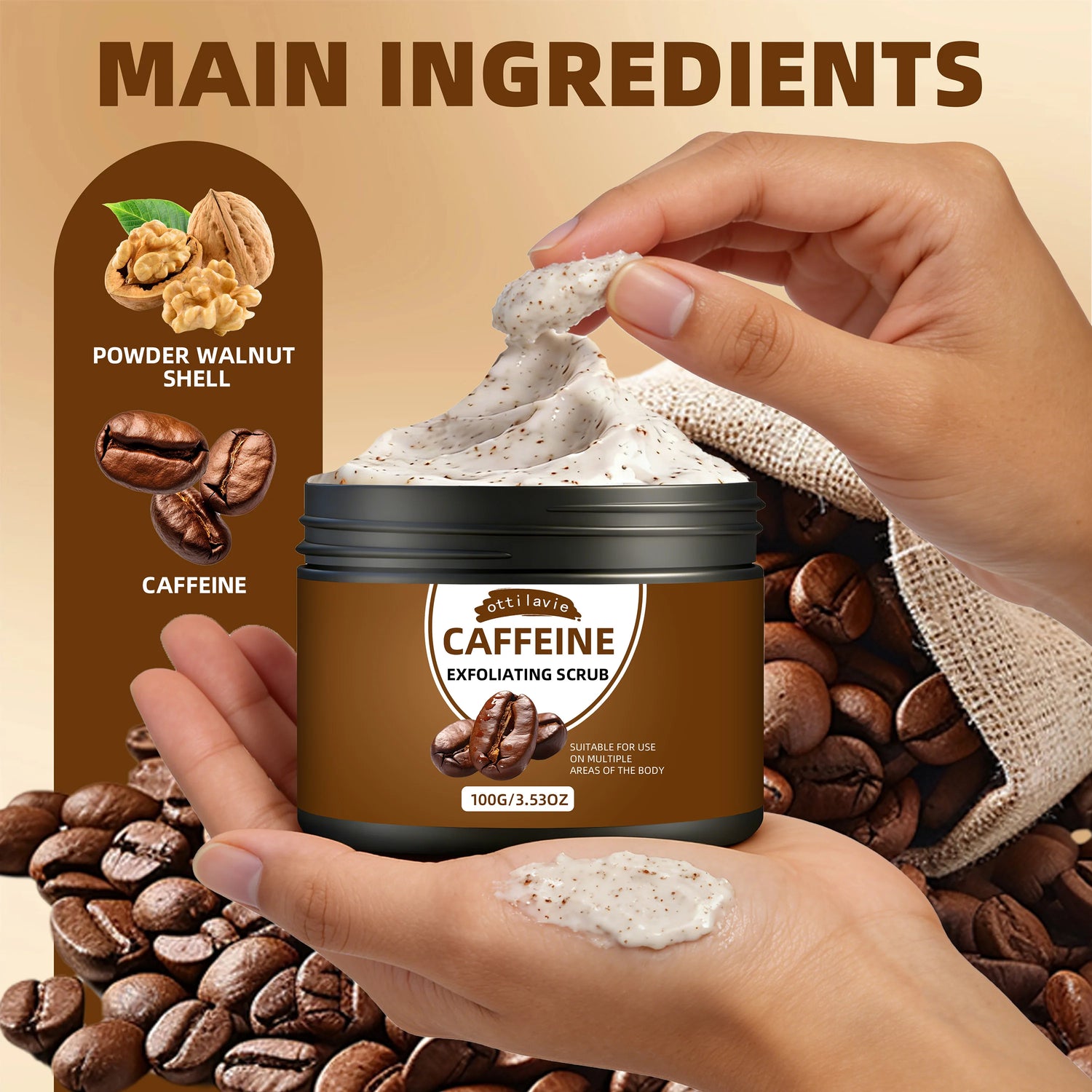 Ottilavie Caffeine Exfoliating Scrub, Gentle Exfoliating Deep Cleansing For Hands, Feet & Body, Daily Skincare Routine