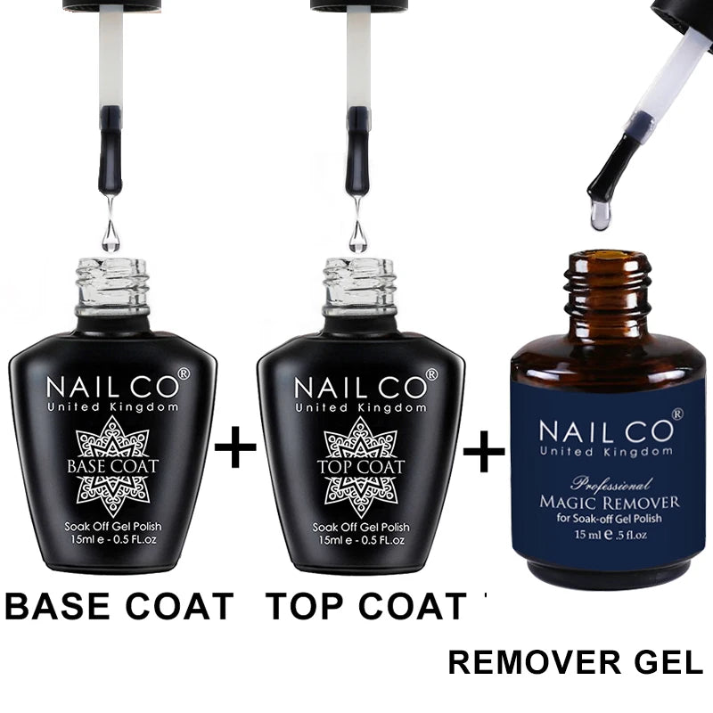 NAILCO 15ml Hema TPO Free No Wipe Top Base Coat Set Art Design Gel Nail Primer Soak Off UV Gel Nail Varnish Nail Remover Gel Kit
