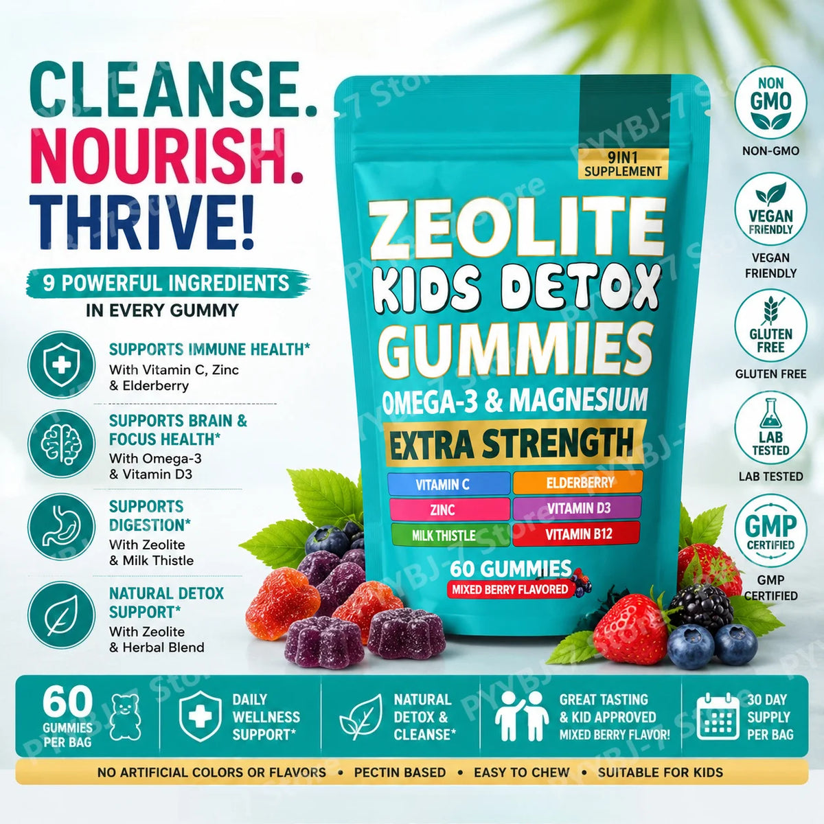 Kids Omega 3 Magnesium Gummies with Elderberry Vitamin C D3 Zinc B12, Daily Nutrition Support, 60 Mixed Berry Gummies