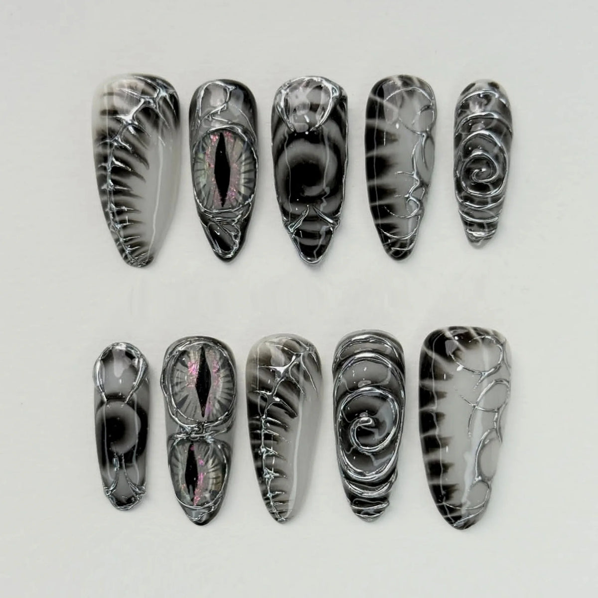 30pcs Gothic 3D Silver Line Press on Nails Snake Eye Swirl Pattern False Nail Long Stiletto Cool Grunge Dark Fake Nail for Women