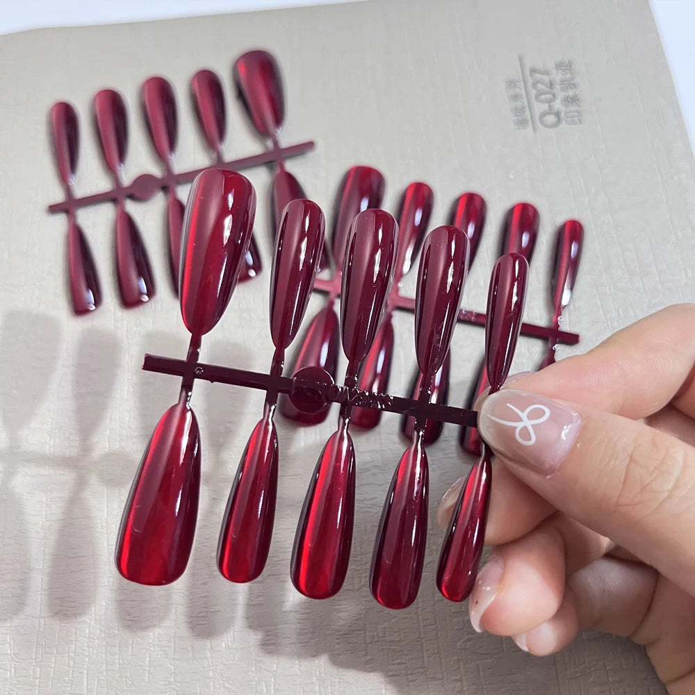 30sheets Long Almond Red Cat's Eyes Fake Nails Press On Nails Full Cover Glossy Sexy Red Cat Eye False Nails DIY Halloween Decor