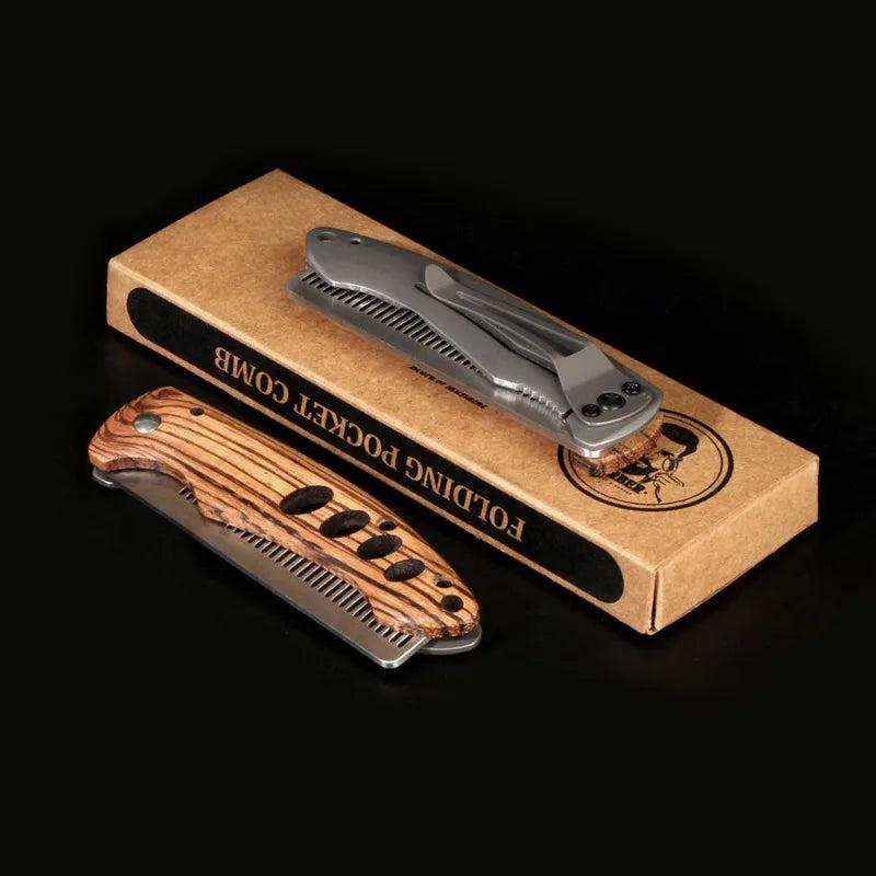 Solid Wood & Metal Folding Beard Comb for Men, Portable Pompadour Styling Grooming Kit, Barber-Grade Travel Hair Mustache Comb