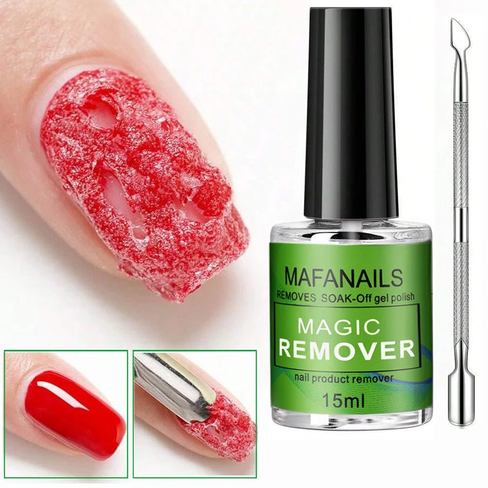15ml Magic Gel Nail Polish Remover + Cuticle Pusher, Fas Magic Remover Burst Soak Off Uv Gel Semi Permanent Varnish Remove Tools