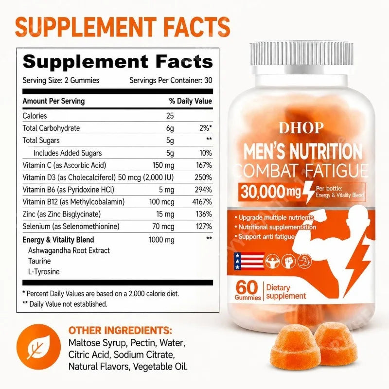 DHOP Men's Nutrition Energy Gummies 30000mg Vitality Blend Daily Stamina Performance Wellness Support 60 Gummies