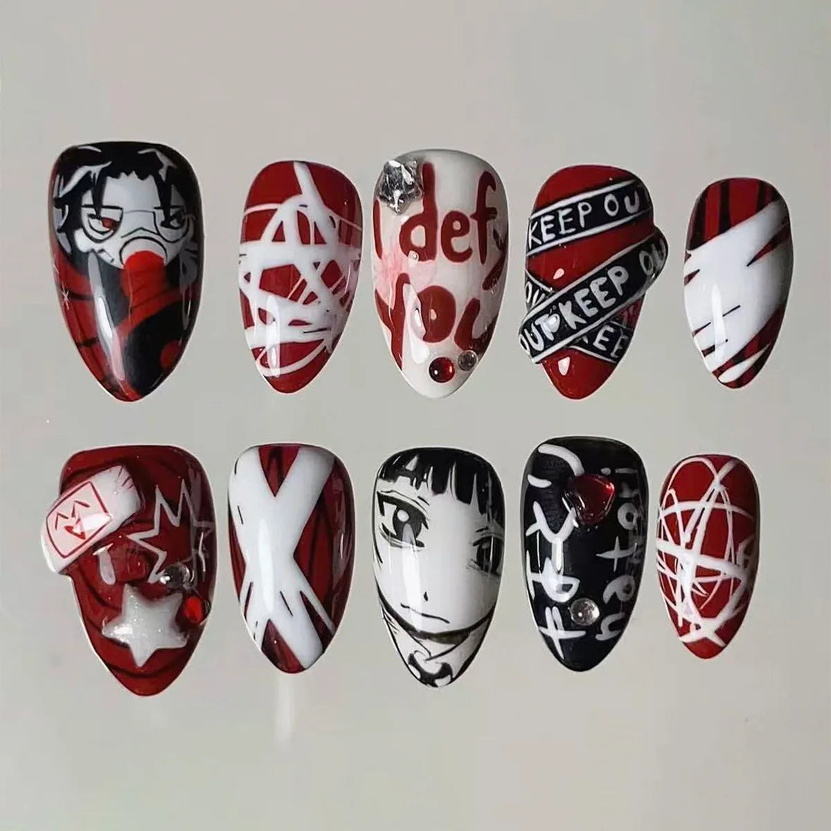 30pcs Y2k Cool Press on Nails Black Red Color Japanese Comic Style Fake Nails for Girl Women Halloeen Wearable False Nails