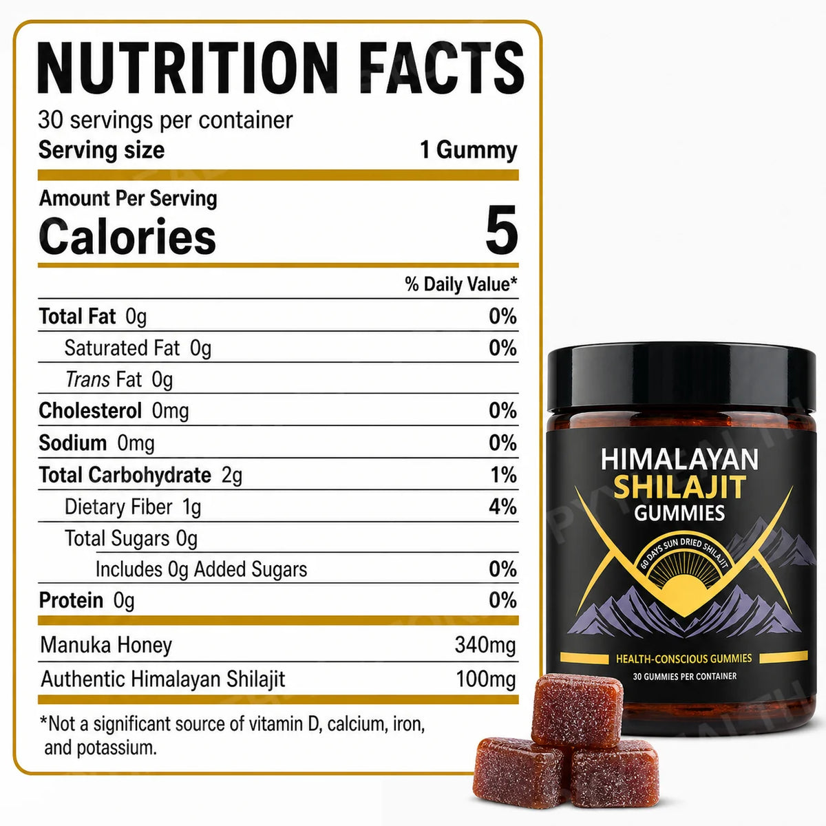 Manuka Honey Shilajit Gummies, Himalayan Shilajit 100mg, Zero Sugar, Daily Vitality & Wellness Support, 1 Gummy Daily, 30 Count