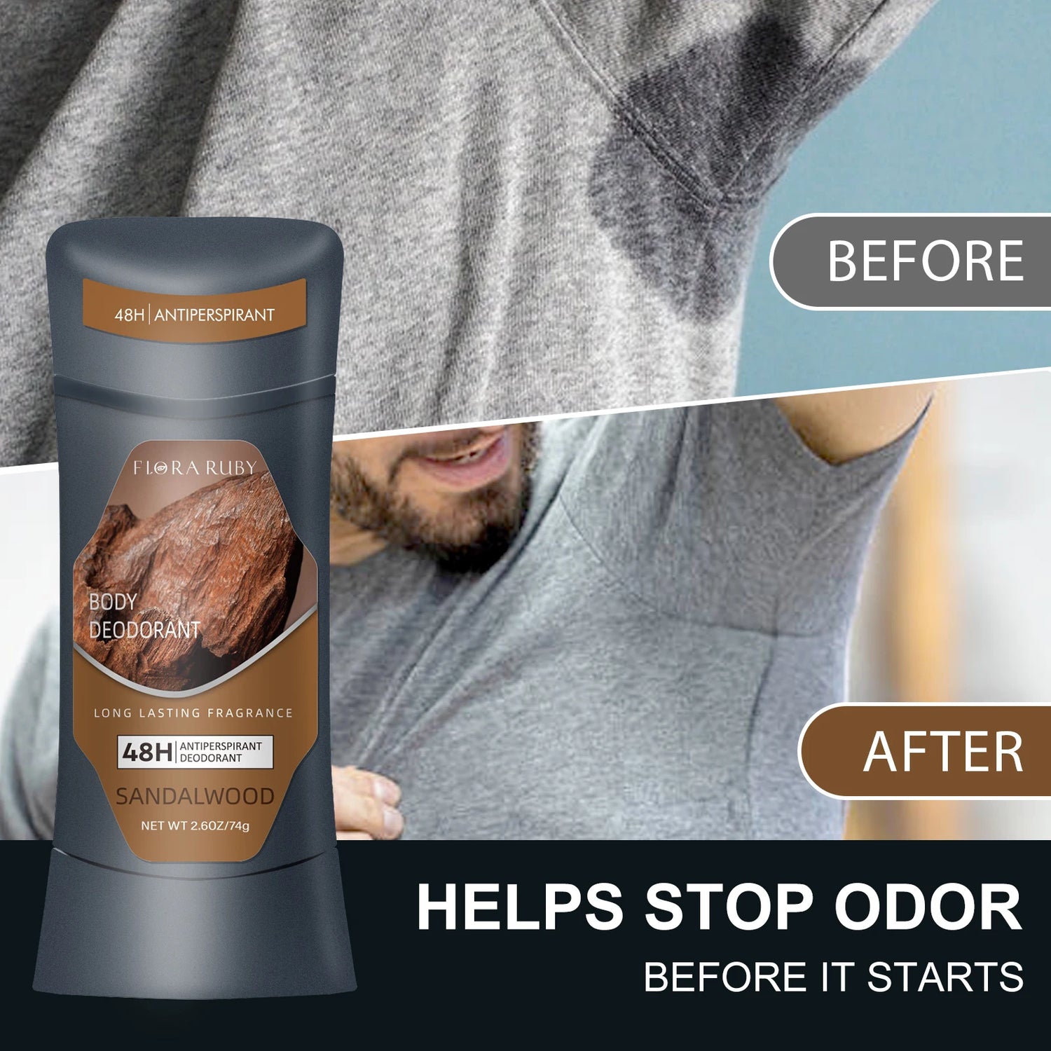 Men Sandalwood Deodorant Stick Anti Sweating Keep Drying Lasting Fragrance Remove Armpit Odor Underarm Refresh Sticks 74g