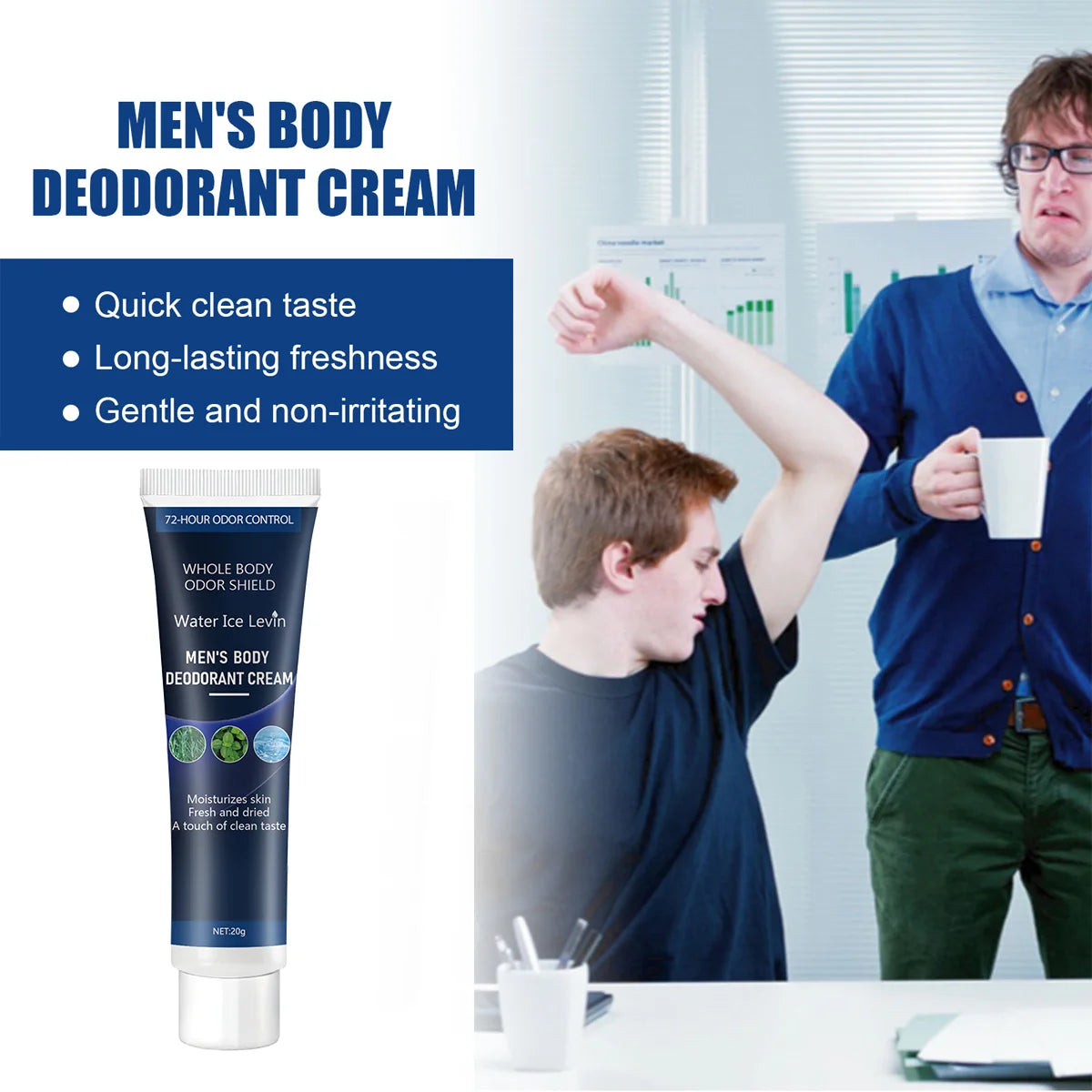 Men's Body Deodorant Cream 72-Hour Odor Control Quick Clean Long-Lasting Freshness Gentle Non-Irritating Moisturizing Skin Care