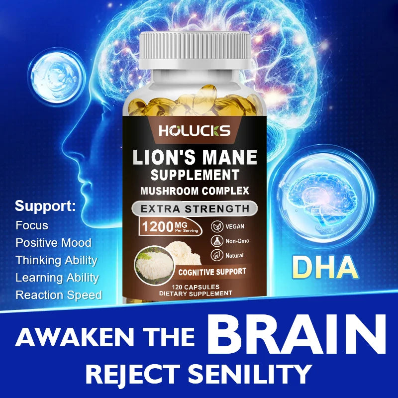 Lion's Mane Mushroom Complex Capsules, for Focus Support & Immune Health, Improve Memory, Protect Brain Nerves, Relieve Stress