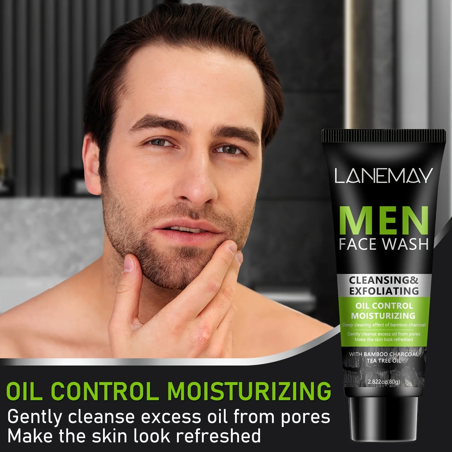 Men Face Wash with Volcanic Mud - Deeply Cleanse Oil from Pores, Control Oil and Exfoliate, Refreshing Face, Moisturize the Face