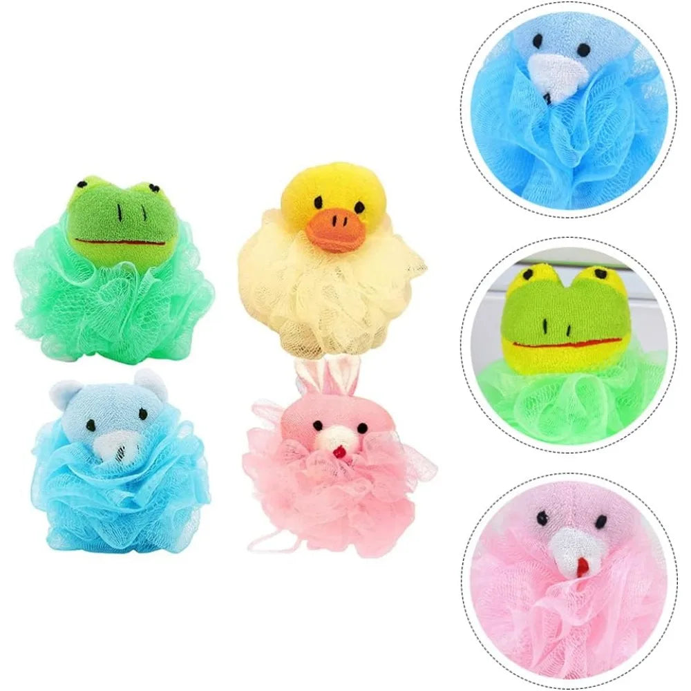 Cartoon Bath Pouf Puff Mesh Bath Sponges with Stuffed Animal Loofah Body Scrubbers for Toddler Rabbit Bear Duck Frog Design