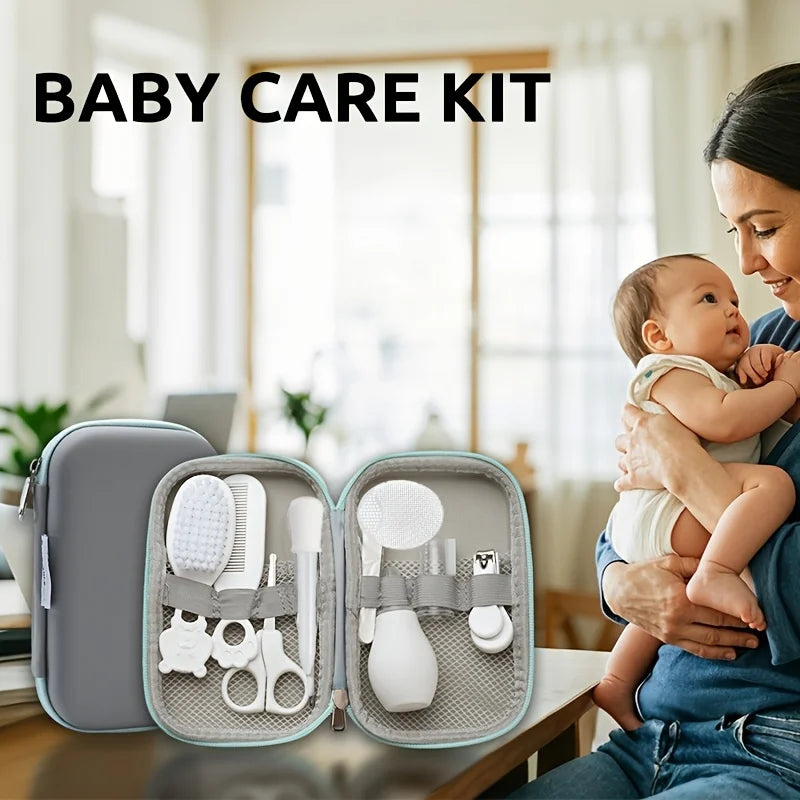 9pcs/pack Baby Grooming Kit with Travel Case, Safety Care Set with Feeding Dropper, Nose Cleaner, Nail Clippers, Comb, Brushes,