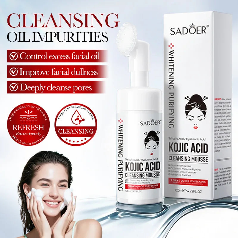 Kojic Acid Cleansing Mousse 120ml Brightening and Whitening Deep Cleansing Foaming Cleanser, Gently Cleanses the Skin Without Irritating It