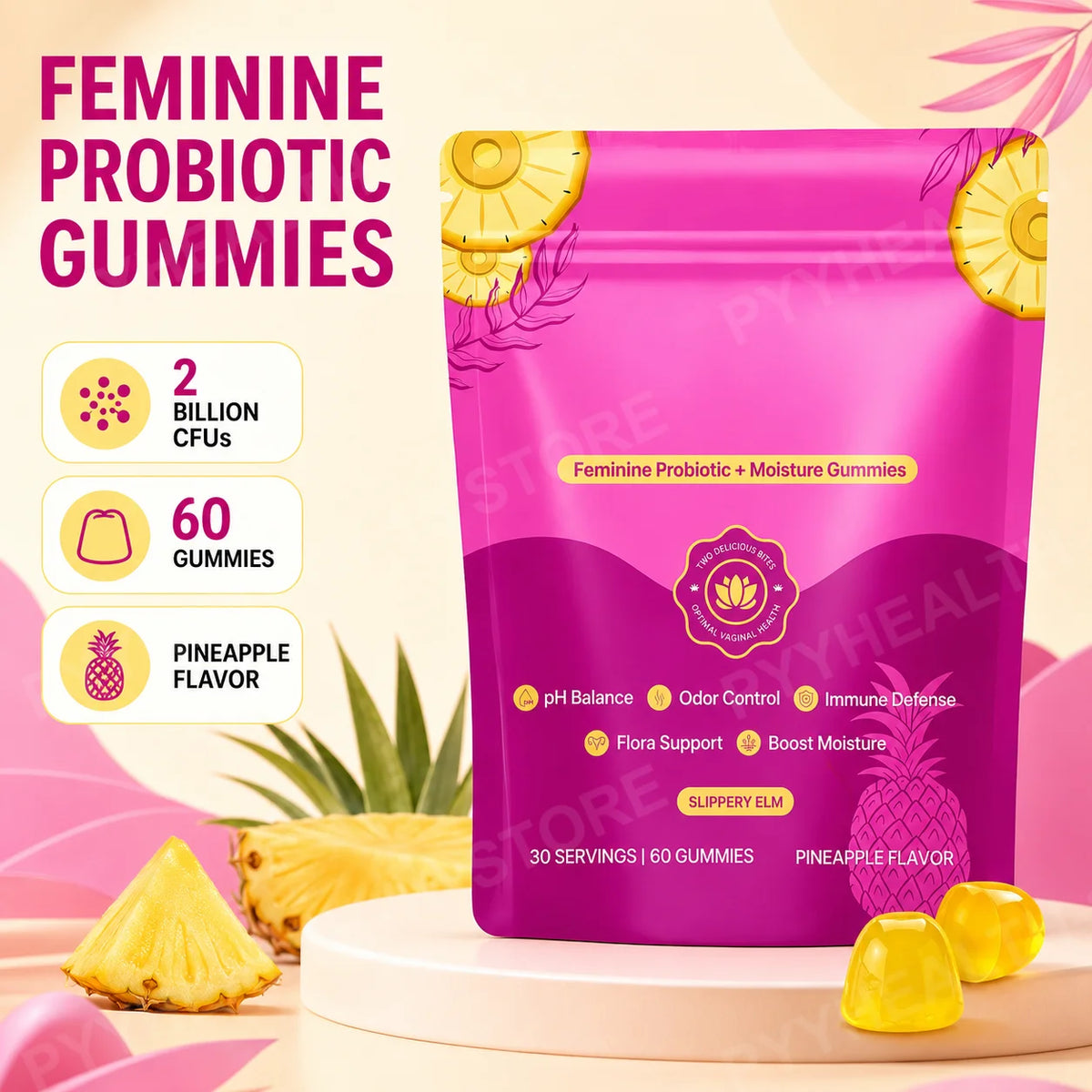 Women's Probiotic Gummies 2B CFUs, Feminine Daily Balance, Flora Wellness, Moisture Comfort, Pineapple Flavor, 60 Gummies
