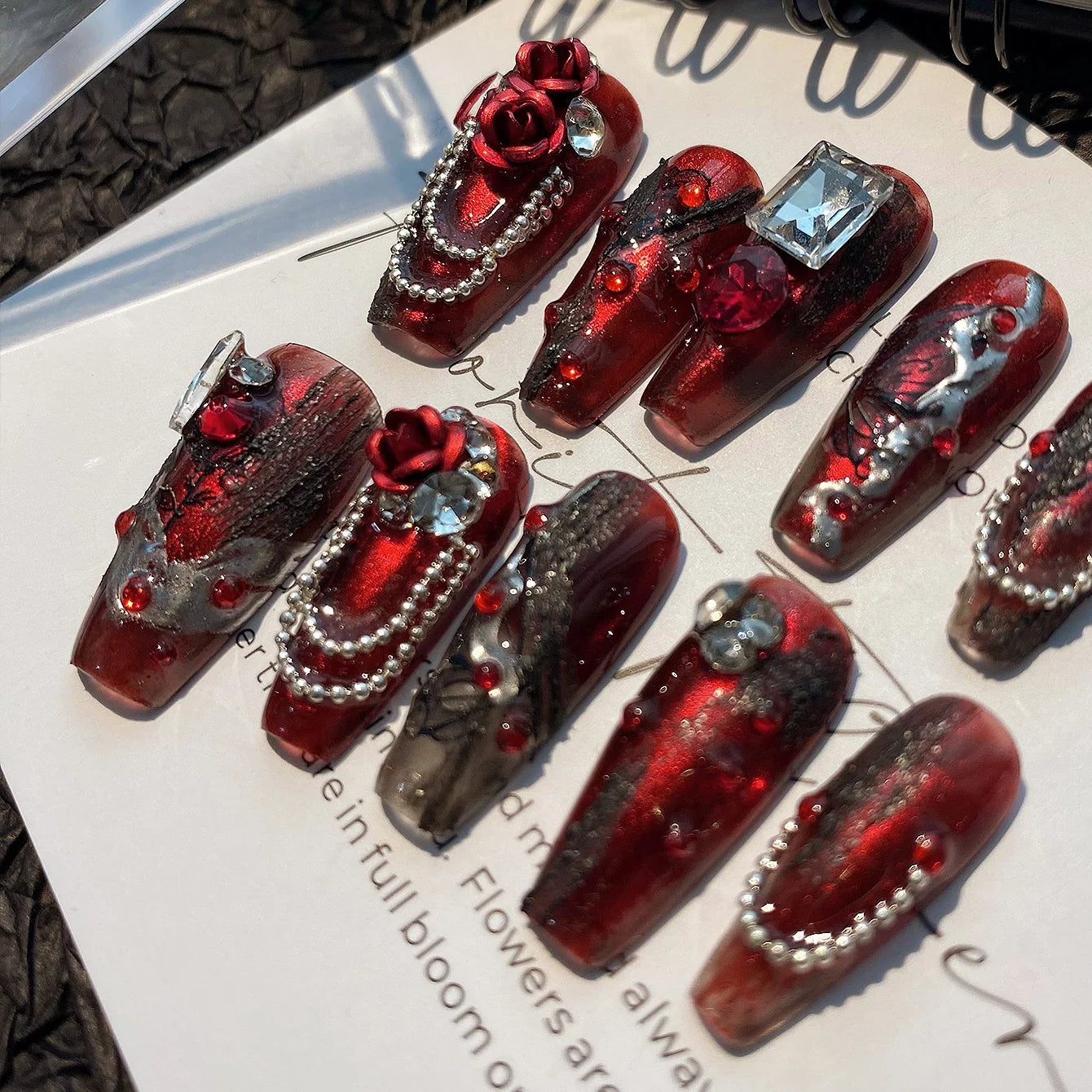 10 Pieces of Hand-Pressed Coffin-Shaped Nails, Beautiful Artificial Nails, Wine Red Elegant Gothic Rose, Suitable for Ladies