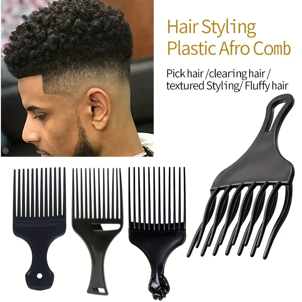 2pcs/pack Professional Barber Hair Styling Afro Comb Plastic Handle Metal Tooth Hairdressing Curly Hair Pick Tools For Black Man