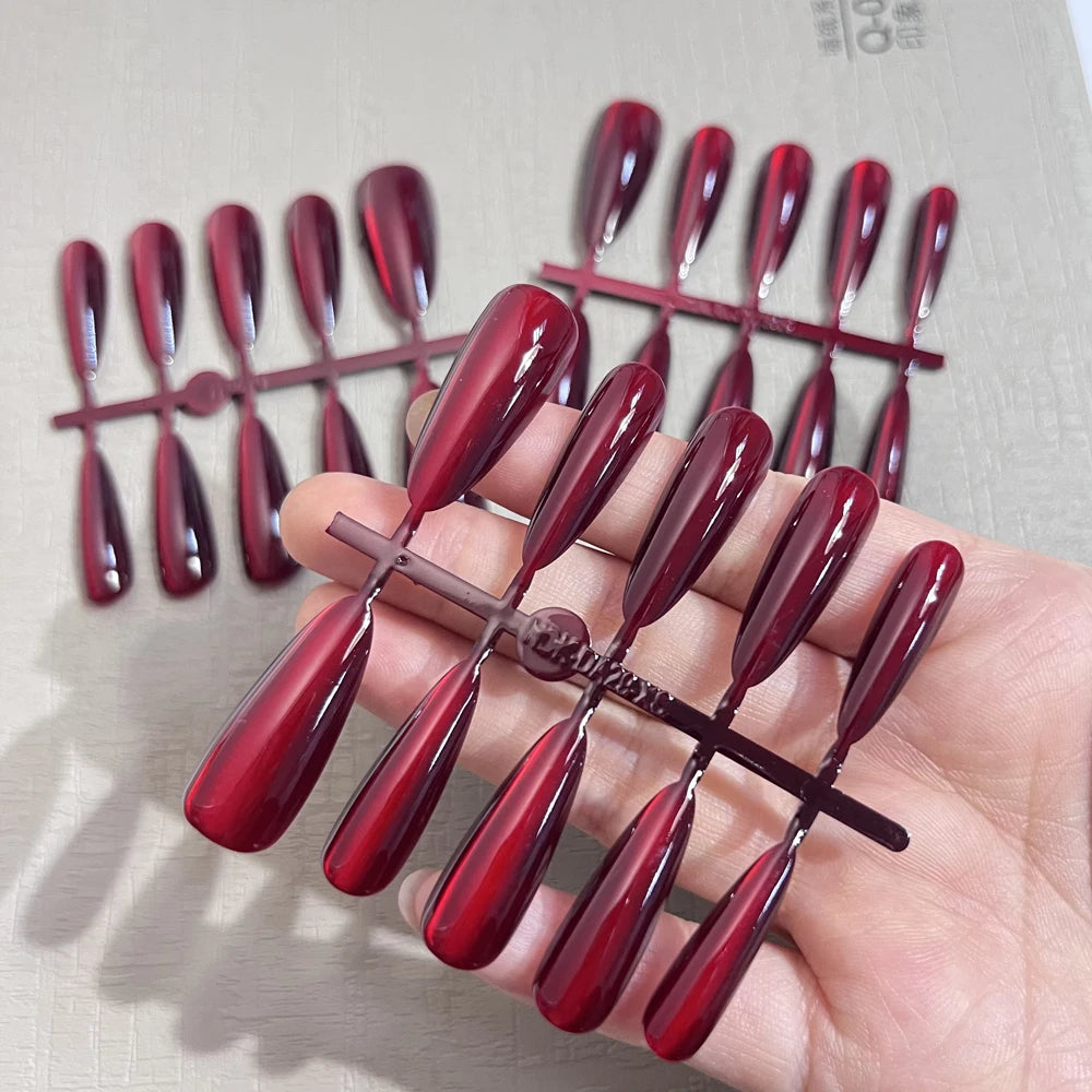 30sheets Long Almond Red Cat's Eyes Fake Nails Press On Nails Full Cover Glossy Sexy Red Cat Eye False Nails DIY Halloween Decor