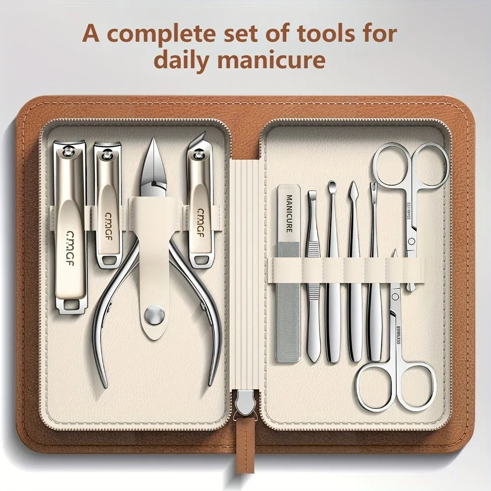 9/11/14pcs Premium Stainless Steel Nail Clipper Set with Brown Leather Pouch - Complete Manicure Kit for Men & Women