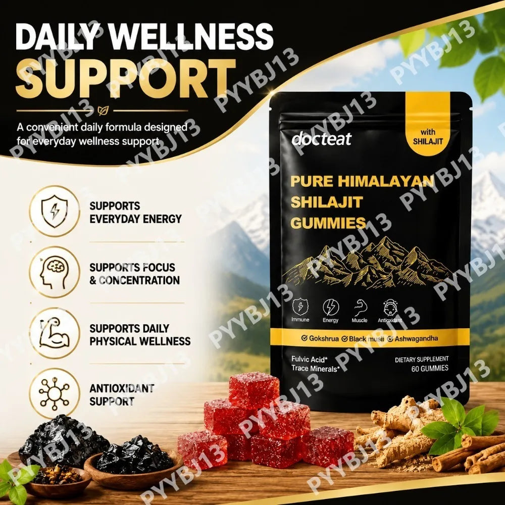 Docteat Pure Himalayan Shilajit Gummies with Ashwagandha Ginger Herbal Extract Blend Energy Support Daily Nutrition Wellness