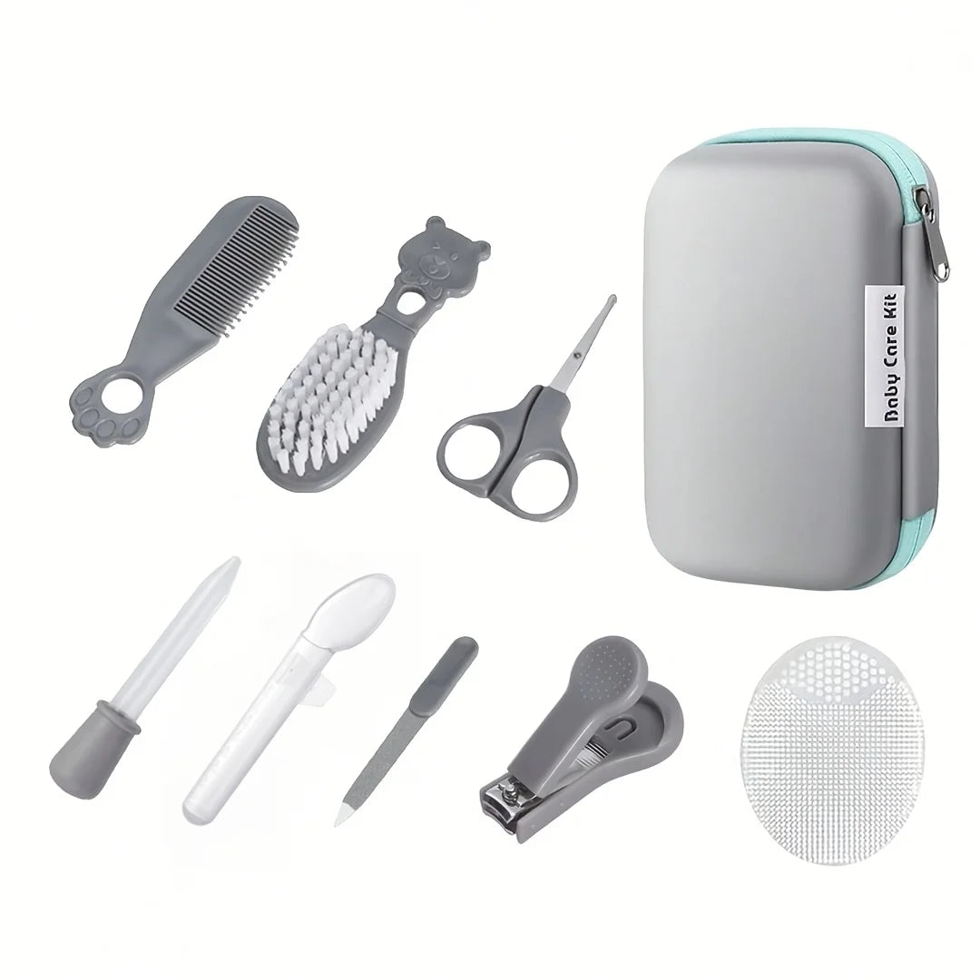 8pcs Baby Care Set with Portable Case- Baby Grooming Set, Healthcare Kit with Feeding Dropper, Nail Clipper, Comb, Brushes &More
