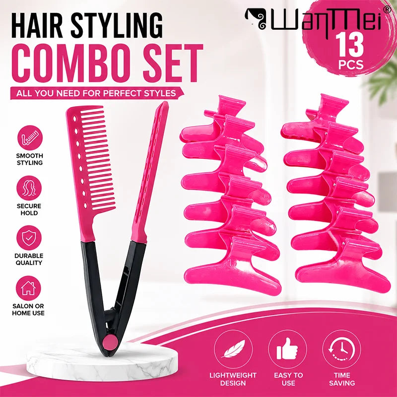 13PCS Hair Styling Kit V-shape Hair Straightening Comb with Sectioning Clips Professional Hairdressing Tools Accessories Salon